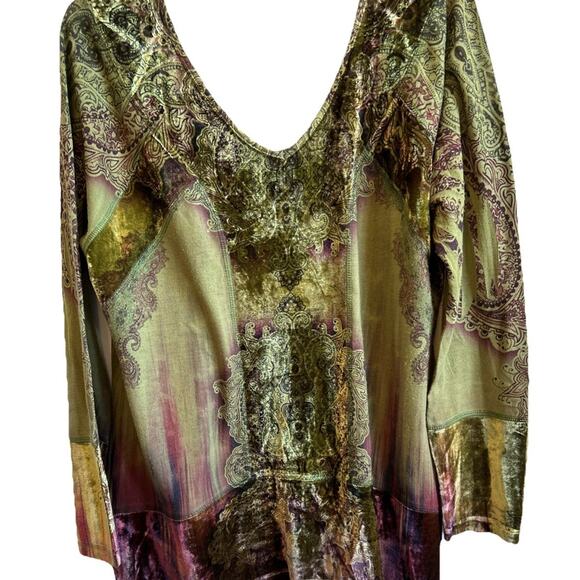 One World Green Multi Velvet Top Med-L Embroidered Flare Sleeve Whimsigoth Boho - Picture 1 of 11